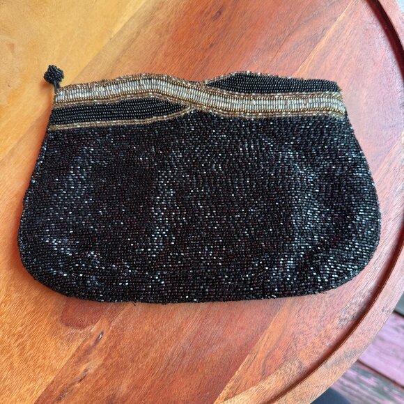 Vintage Black Beaded Evening Clutch With Metallic Accents - Picture 2 of 4